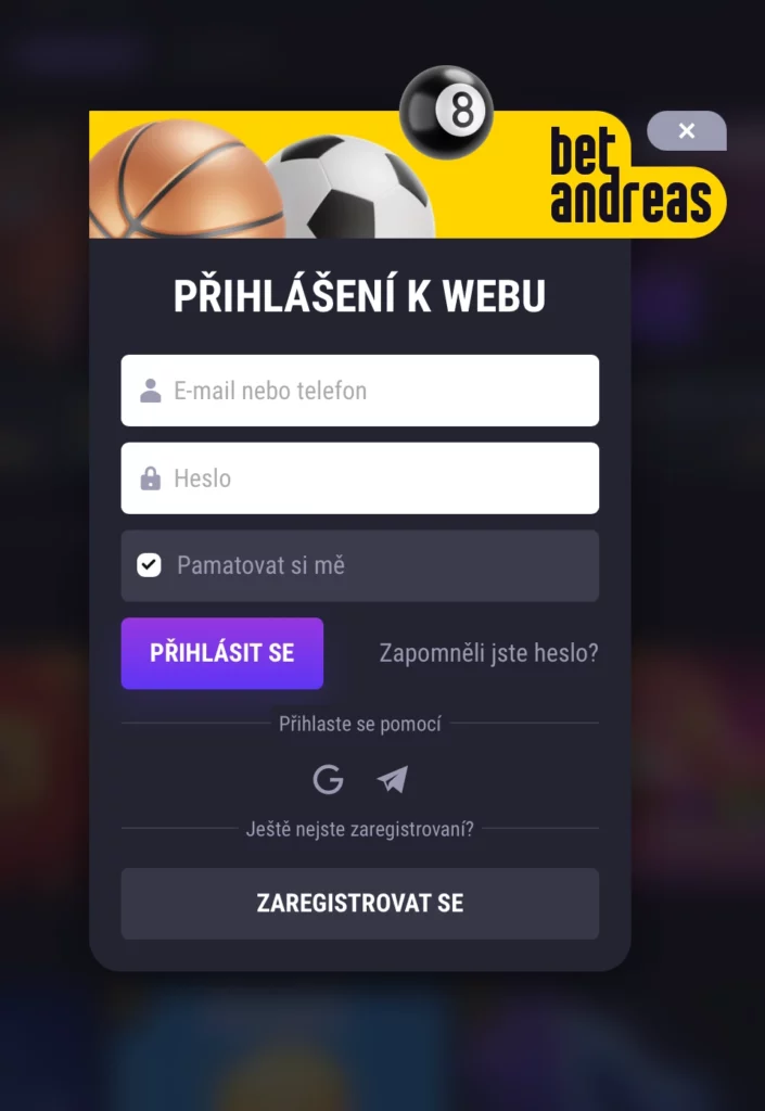 Přihlašovací proces Betandreas